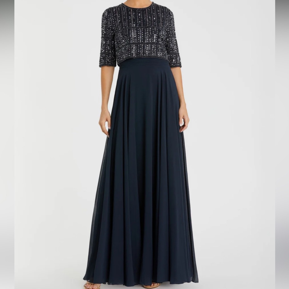 MAC DUGGAL 9180 Chiffon Gown w/ Fully Beaded 3/4 Sleeve Top Size 14 NWT
